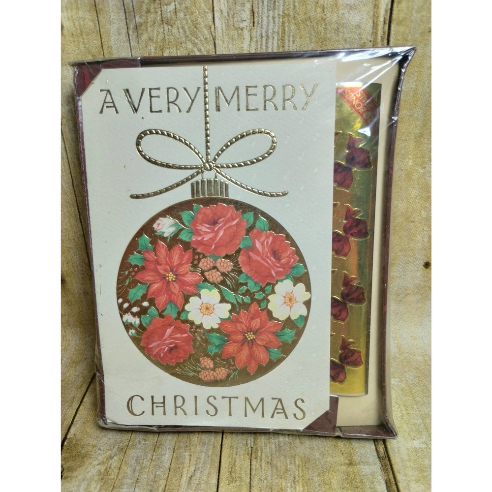 Vtg Poinsettia Gold Ornament Christmas Ameican Greeting Card Ribbon Sticker Seal
